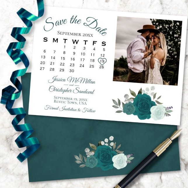 Reserva La Fecha Calendario y foto de los Rosas del Boho verde azul (In Situ Front/Back)