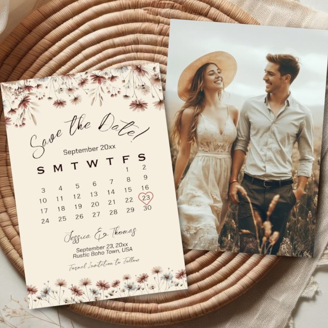 Reserva La Fecha Calendario y foto del Boda Boho Moda Wildflowers (Front/Back)