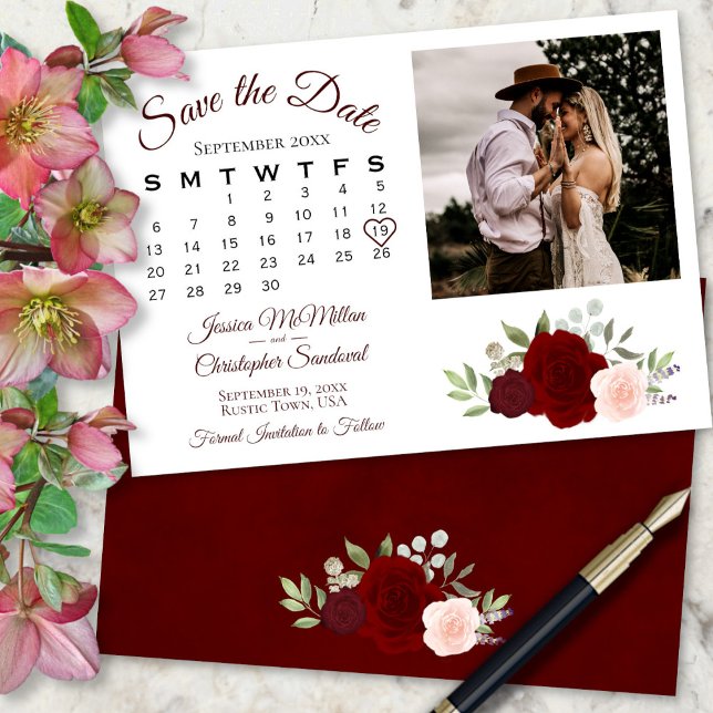 Reserva La Fecha Calendario y foto del Boda de las rosas rojas y ro (In Situ Front/Back)