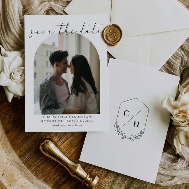 Reserva La Fecha Caligrafía Boho Arco Foto Boda Monograma (Subido por el creador)