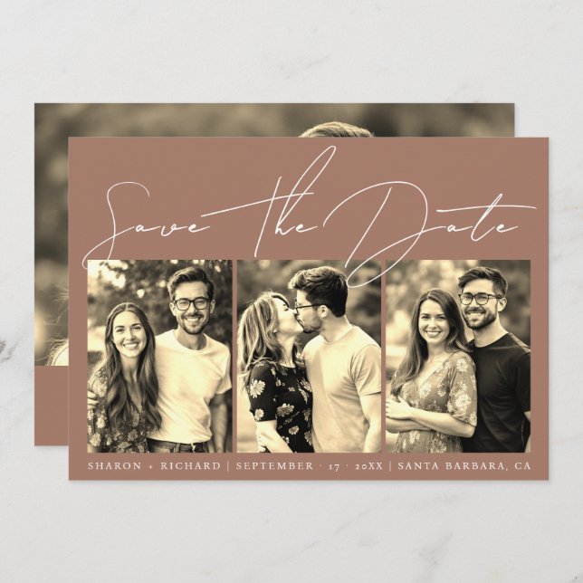 Reserva La Fecha Caligrafía de guión 3 sepia fotografía mocha (Anverso / Reverso)