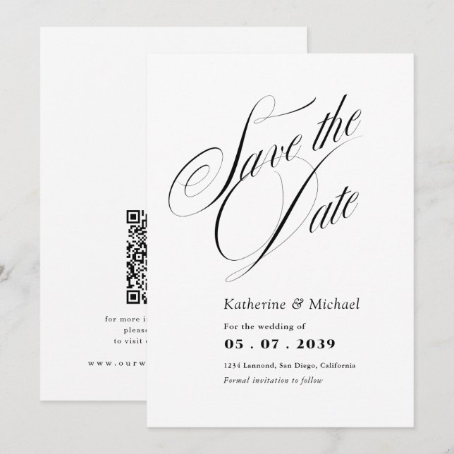 Reserva La Fecha Caligrafía de guión romántico Boda de código QR (Anverso / Reverso)