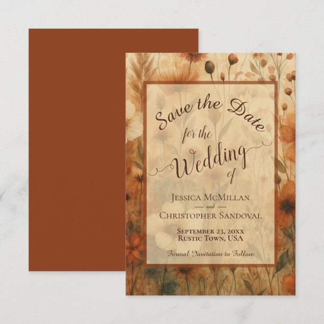Reserva La Fecha Caligrafía elegante Bodas de flores silvestres boh (Anverso / Reverso)