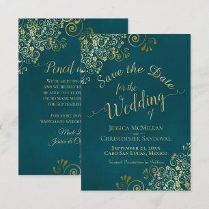 Reserva La Fecha Caligrafía Elegante Ornada Boda Teal y Dorado