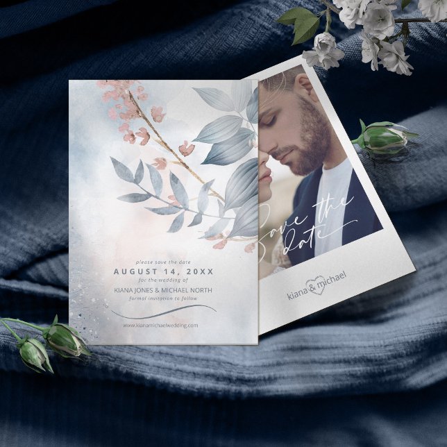 Reserva La Fecha Caligrafía Floral Azul Polvo ID771 (Subido por el creador)