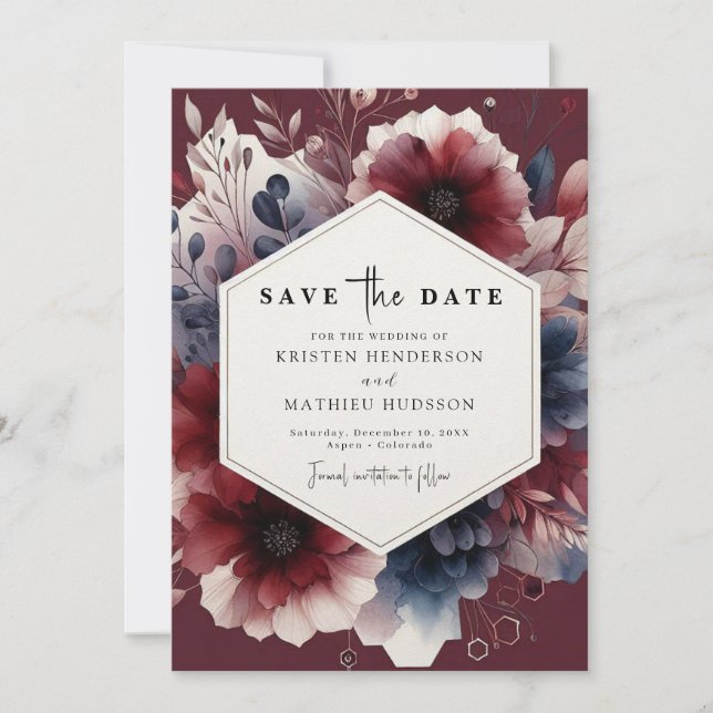 Reserva La Fecha Caligrafía floral Borgoña Boda (Anverso)