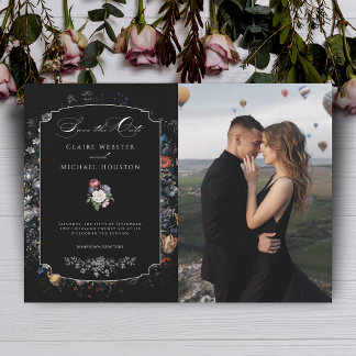 Reserva La Fecha Caligrafía/foto de floral negra Bella Artes