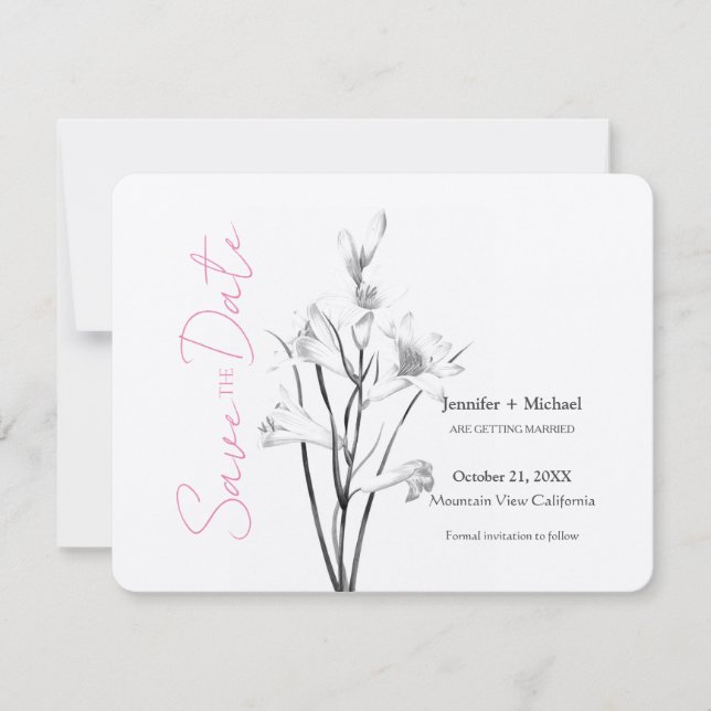 Reserva La Fecha Caligrafía matrimonial boda Floral Blanco negro (Anverso)