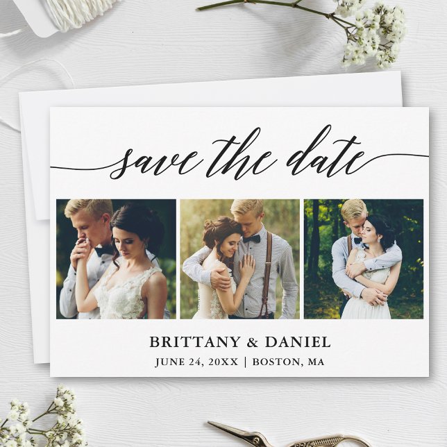 Reserva La Fecha Caligrafía moderna 3 Foto (Customize to change your personalized text size, style or to add more text & photos to back of card.)