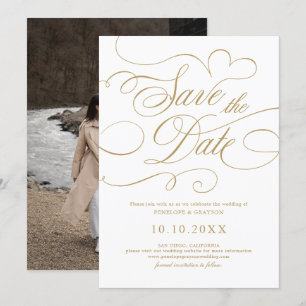 Reserva La Fecha Caligrafía moderna boda de oro y blanco intemporal