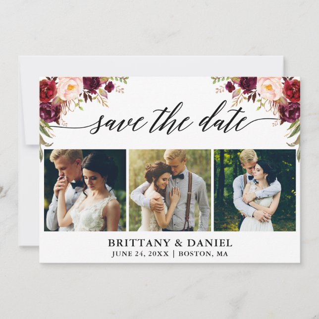 Reserva La Fecha Caligrafía moderna Borgoña Floral 3 Foto (Anverso)