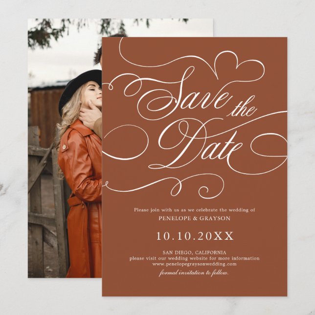 Reserva La Fecha Caligrafía moderna Foto de terracota intemporal (Anverso / Reverso)