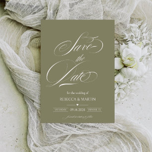 Reserva La Fecha Caligrafía moderna Verde Oliva Boda Jardinería
