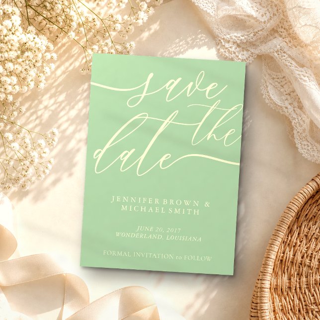 Reserva La Fecha Caligrafía personalizada para boda de pistacho y c (Subido por el creador)
