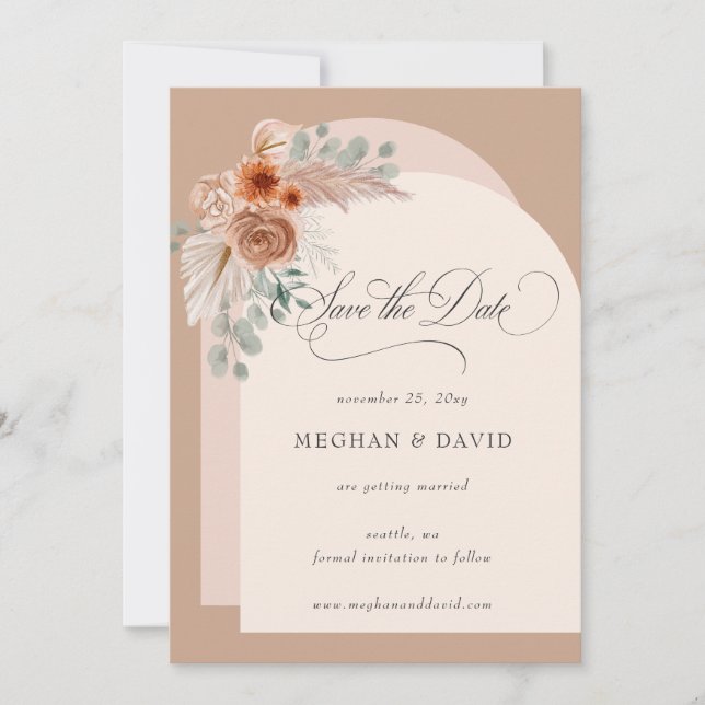 Reserva La Fecha Caligrafía rusa Boho Terracotta Pampas (Anverso)