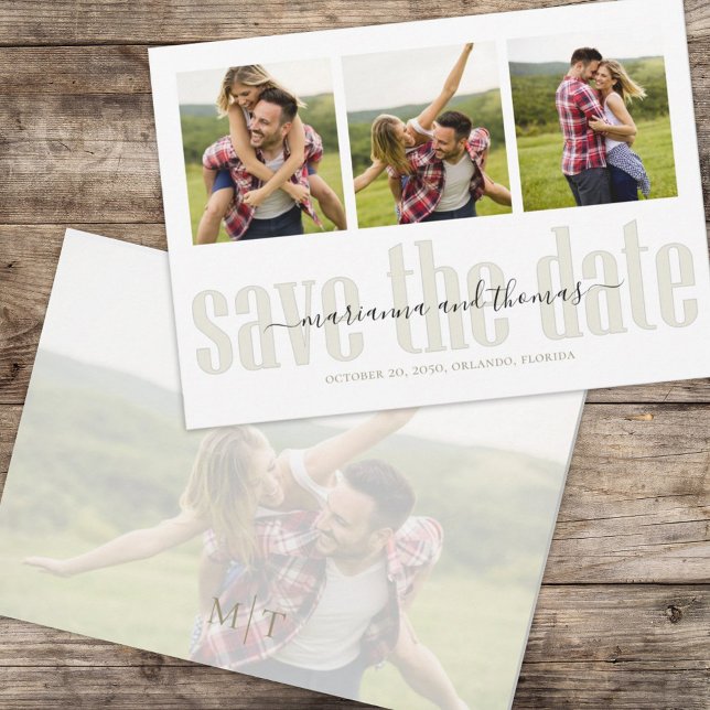 Reserva La Fecha Caligrafía Vellum Script Estiloso Multi Foto  (Simple multi photo save-the-date photo card with stylish calligraphy and block-style lettering. )