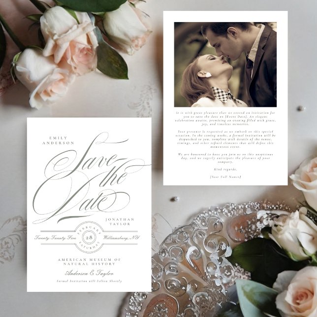 Reserva La Fecha Caligrafía verde gris formal foto de lazo negro (Subido por el creador)