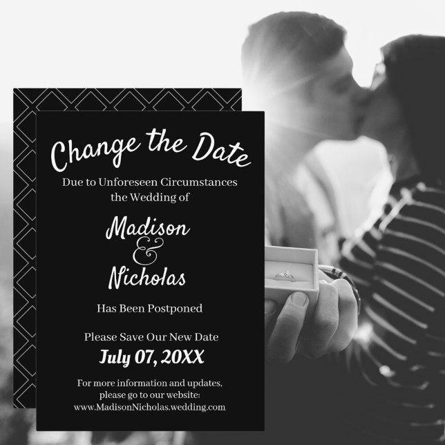 Reserva La Fecha Cambiar el Boda de fechas pospondera el negro Mini (Change the Date Wedding Postponed Minimalist Black Save The Date Announcement)