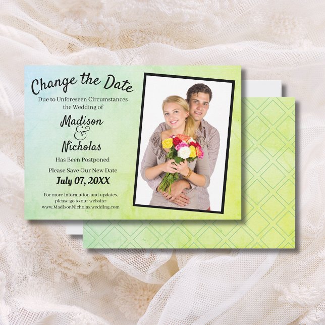 Reserva La Fecha Cambiar la fecha Añadir pergamino verde Boda de fo (Change the Date Add Photo Wedding Green Parchment Save The Date)