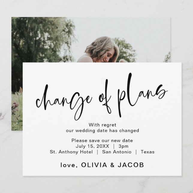 Reserva La Fecha Cambio De Planes | Moderno Negro y Blanco (Anverso / Reverso)