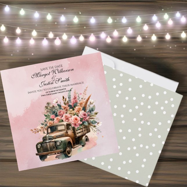Reserva La Fecha Camión Antiguo con Flores Boda (A Vintage watercolor wedding evokes a dreamy, romantic, atmosphere filled with soft colors.)