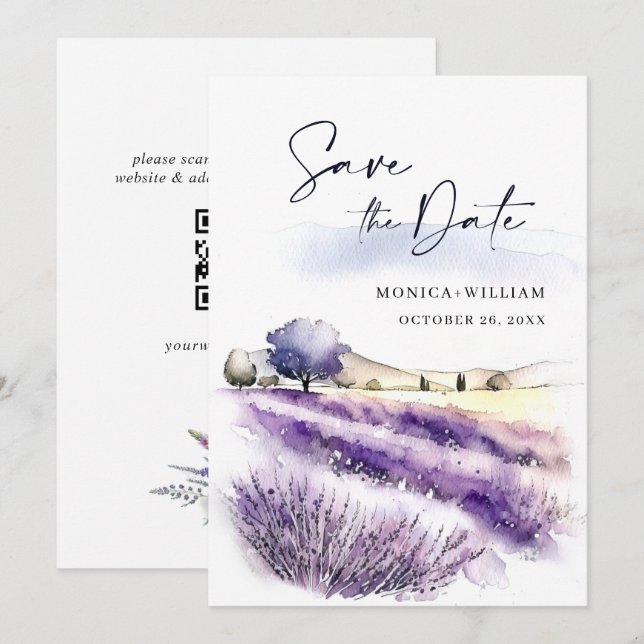 Reserva La Fecha Campo de flores de lavanda púrpura acuarela boda (Anverso / Reverso)