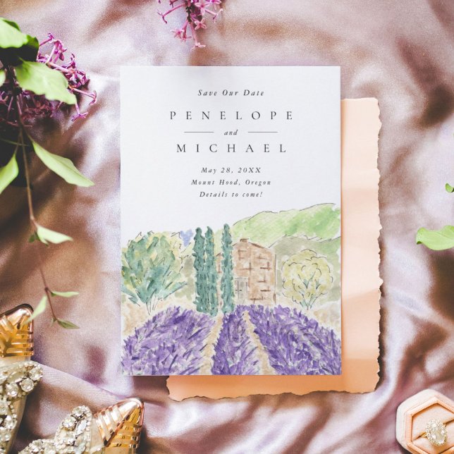 Reserva La Fecha Campos de Lavanda de Acuarela Boda Guardar La Fech (Watercolor lavender fields wedding Save the Date invitation card.)