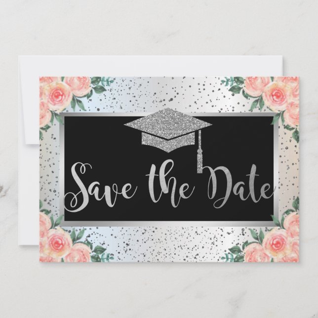Reserva La Fecha Capa de graduación plateada, Floral confeti (Anverso)