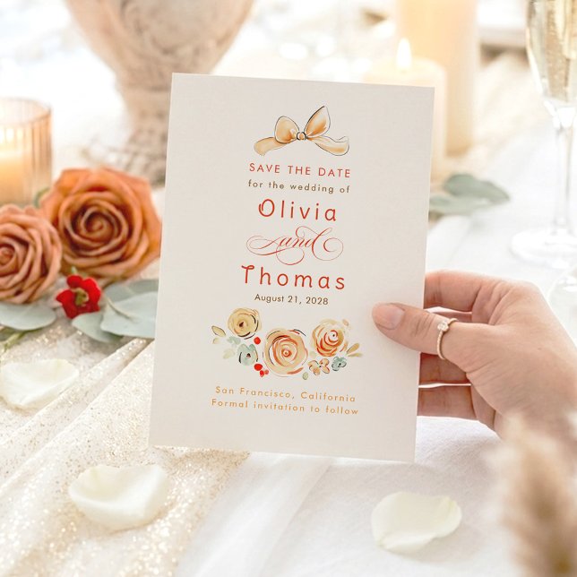 Reserva La Fecha Caprichosas flores tiernas y terrenales con lazo p (Save The Date Whimsical Cute Terracotta Floral Bow Cards)