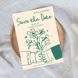 Reserva La Fecha Caprichoso Verde Floral Dibujado a Mano Boda Save 