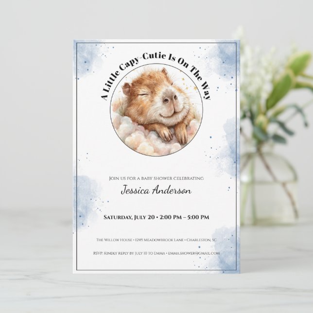 Reserva La Fecha Capybara Baby Shower Invitation • A Little Cutie (Anverso de pie)