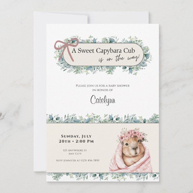 Reserva La Fecha Capybara Baby Shower Invitation • Greenery Theme (Anverso)