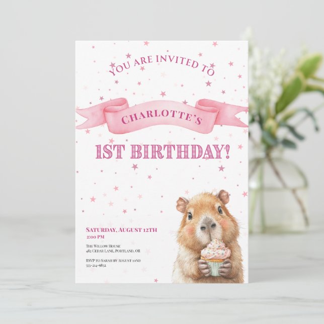 Reserva La Fecha Capybara Birthday Invitation • Cute First Birthday (Anverso de pie)