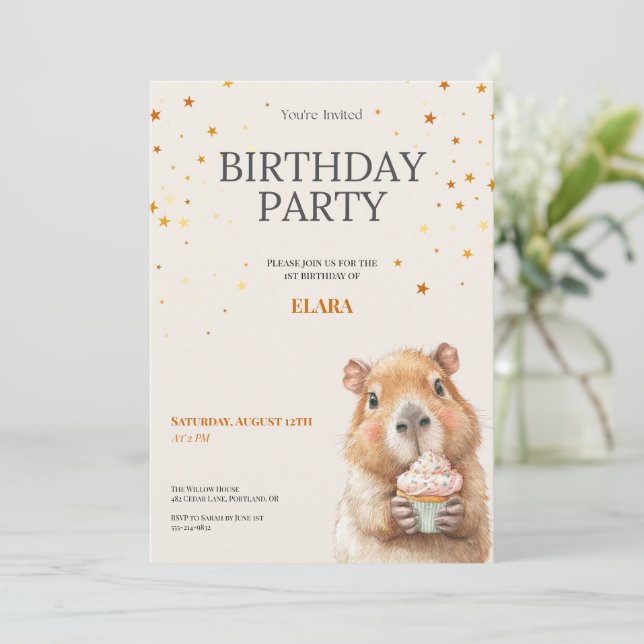 Reserva La Fecha Capybara Birthday Invitation • Cute First Birthday (Anverso de pie)
