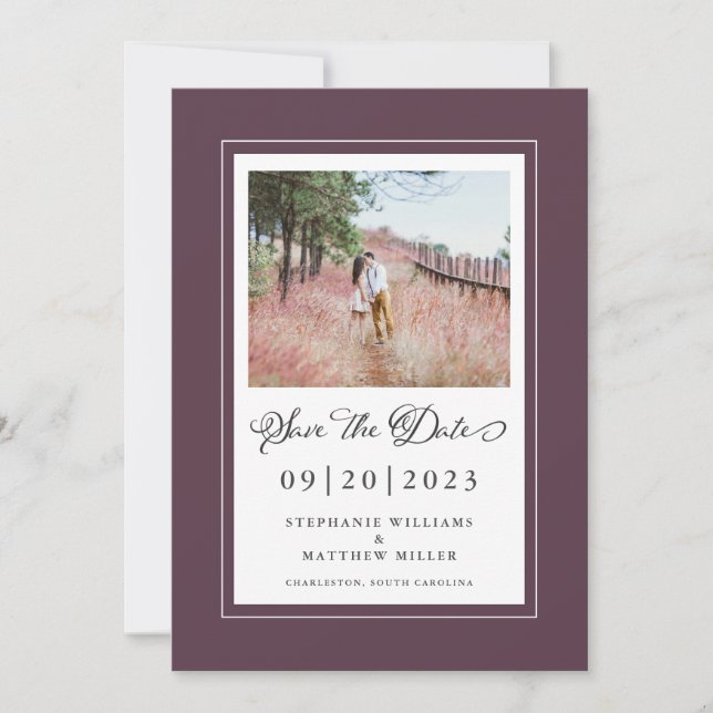 Reserva La Fecha Cassis Purple Borders Foto Save the Date Boda (Anverso)