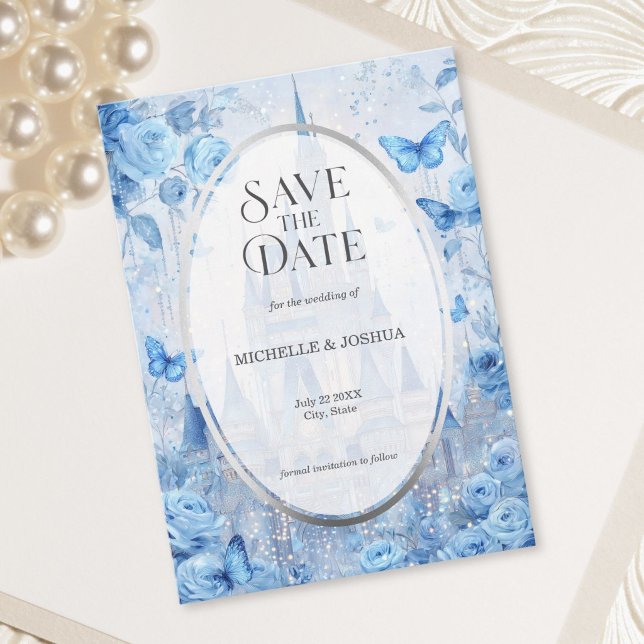Reserva La Fecha Castillo de Cuento de Hadas Encantado Flores Marip (Enchanted Fairytale Castle Floral Butterflies Save The Date)