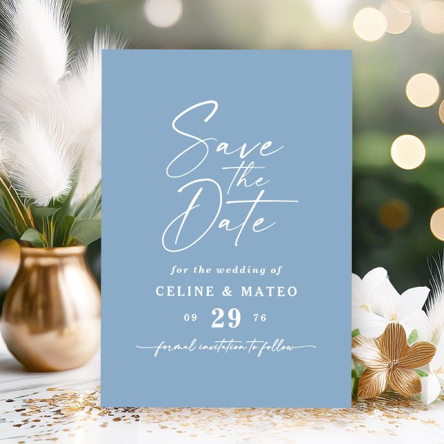 Reserva La Fecha Celda ・ Boda sólido y simple de cielo azul (Set the tone for your wedding with the Celine Save the Date in a soft Stellar Sky Blue.)