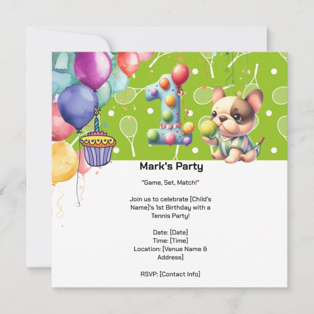 Reserva La Fecha Celebración con temática de tenis el primer cumple (Anverso)