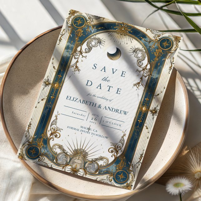 Reserva La Fecha Celestial Art Nouveau Blue Gold Wedding (Subido por el creador)