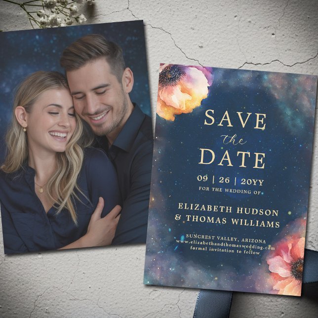 Reserva La Fecha Celestial Floral Galaxy Starry Night Blue Wedding  (celestial floral galaxy wedding save the date watercolor navy blue starry night written in the stars)