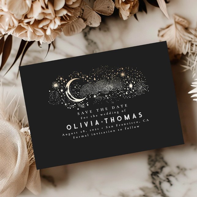 Reserva La Fecha Celestial Starry Night Moon Black Save the Date (Save the Date Celestial Card)