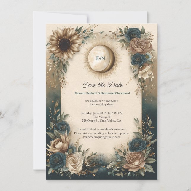 Reserva La Fecha Celestial Sun Moon Boho Floral Save the Date (Anverso)