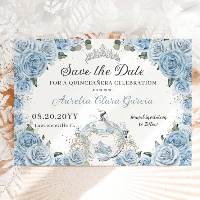 Reserva La Fecha Cenicienta floral azul bebé Quinceañera dulce 16 (Subido por el creador)
