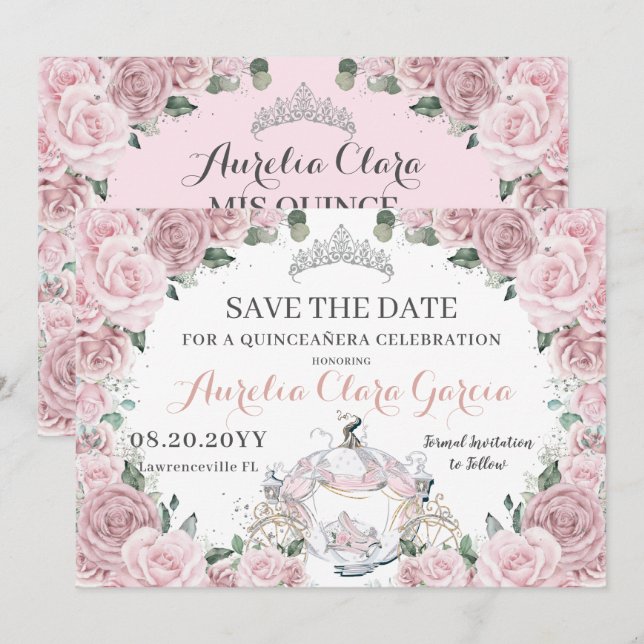 Reserva La Fecha Cenicienta Quinceañera Dulces 16 Flores Rosa Polvo (Anverso / Reverso)