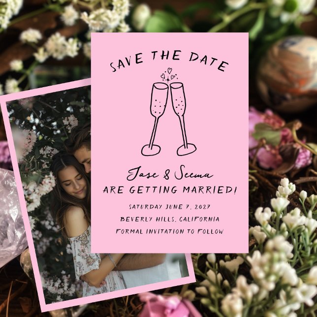 Reserva La Fecha Champagne anima a Personalizado con la mano (Champagne Cheers Hand Drawn Custom PHOTO Save The Date
)