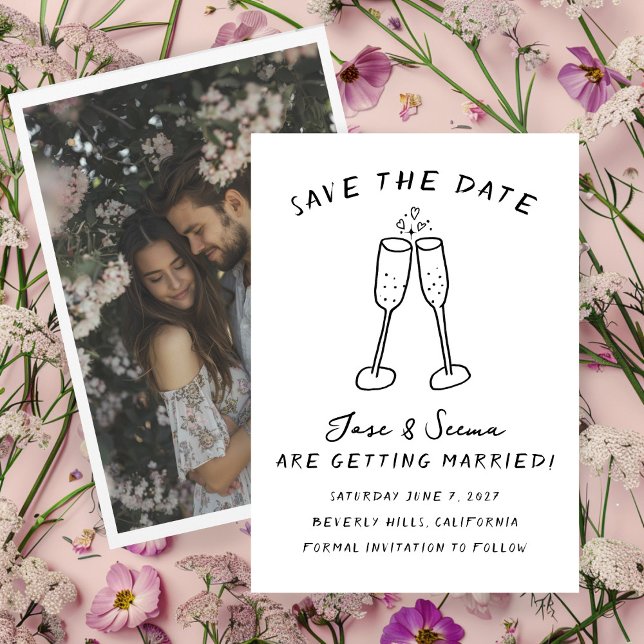 Reserva La Fecha Champagne anima a Personalizado con la mano (Champagne Cheers Hand Drawn Custom PHOTO Save The Date Card 
)