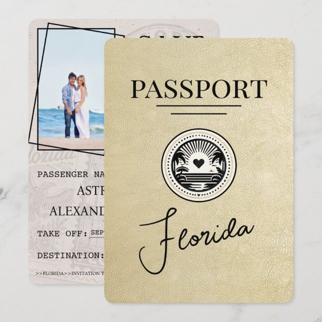 Reserva La Fecha Champagne Florida Passport Save the Date (Anverso / Reverso)