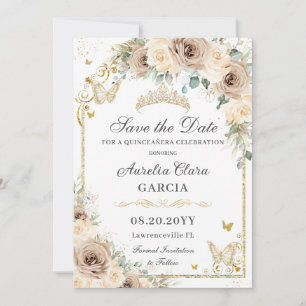 Reserva La Fecha Champán Cream Floral Sweet 16 Gold Quinceañera