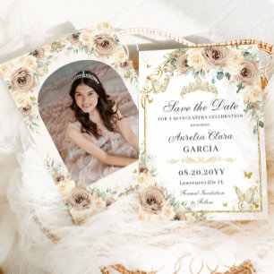 Reserva La Fecha Champán Cream Floral Sweet 16 Quinceañera Photo