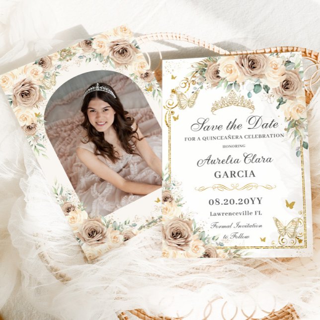 Reserva La Fecha Champán Cream Floral Sweet 16 Quinceañera Photo (Subido por el creador)